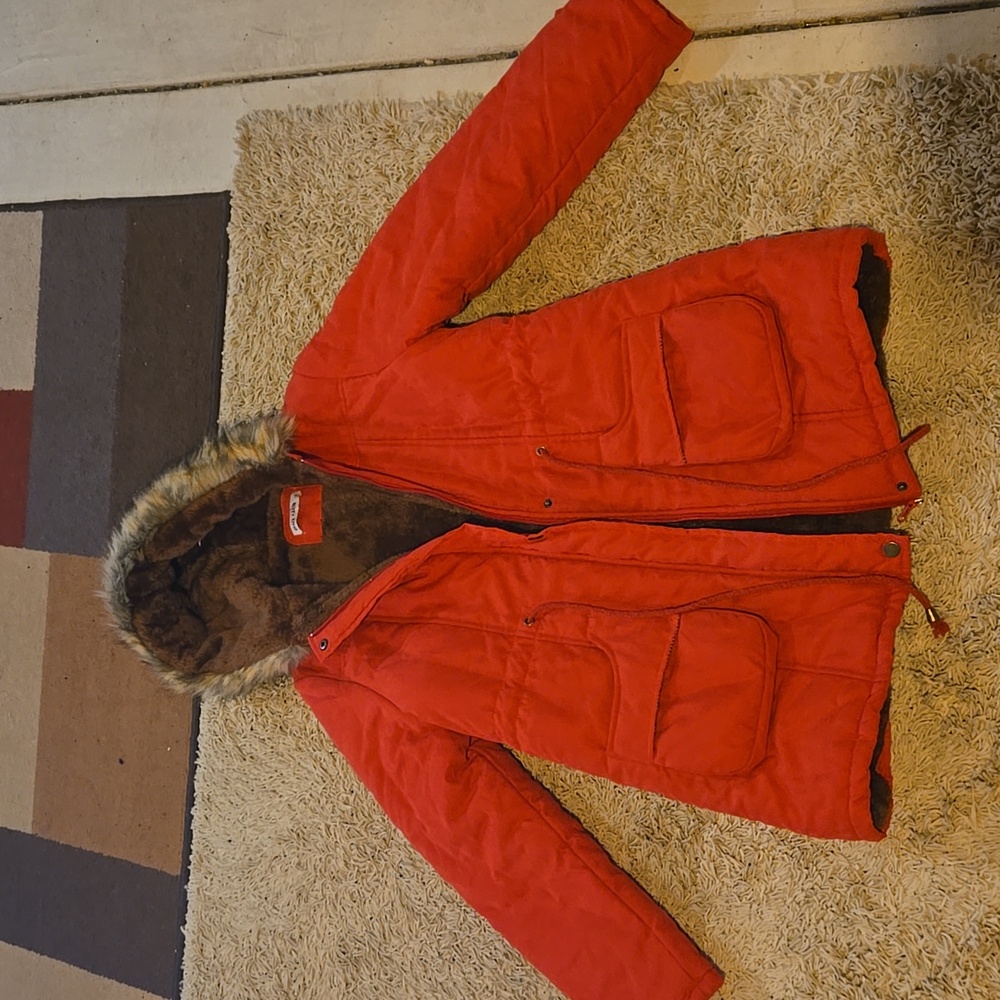 Winter Coat, red, long, Grace Karin size Medium, fur lined, fur hood